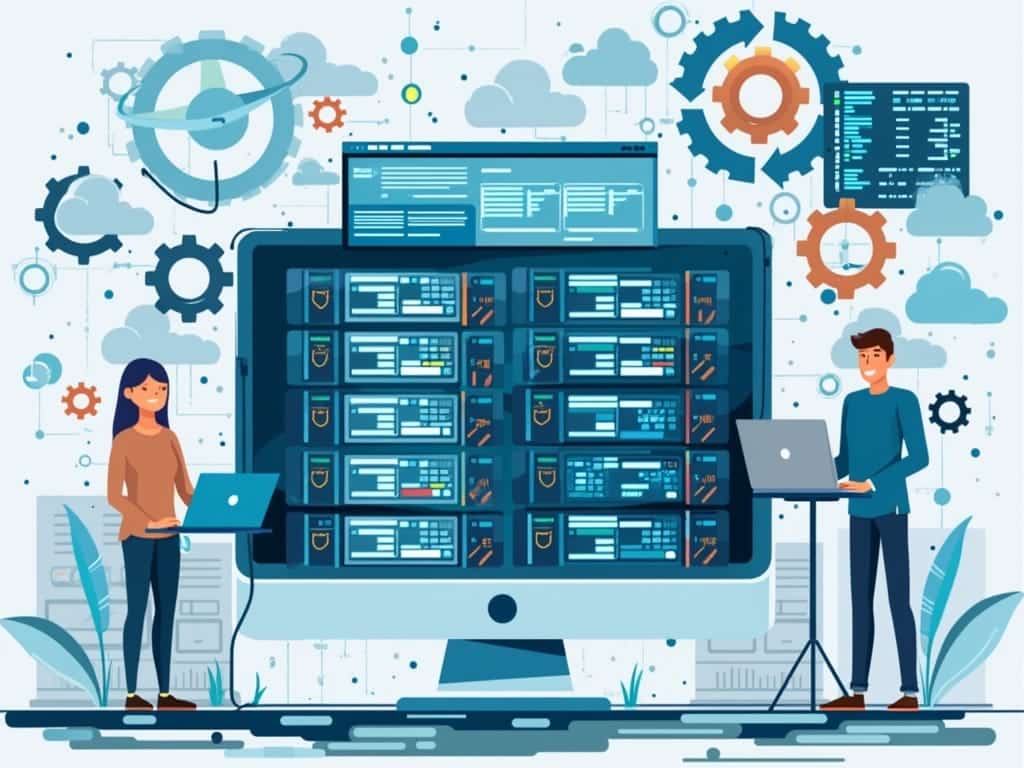 Illustration of two people with laptops standing near a large computer screen displaying complex digital data. Surrounding elements include gears, satellite dishes, and digital symbols. The setting suggests a high-tech, data-driven environment.