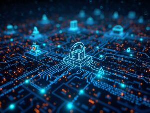 Digital illustration of a glowing network circuit board featuring a prominent padlock icon, symbolizing cybersecurity. The board is lit with blue and orange lights, representing data flow and connectivity.