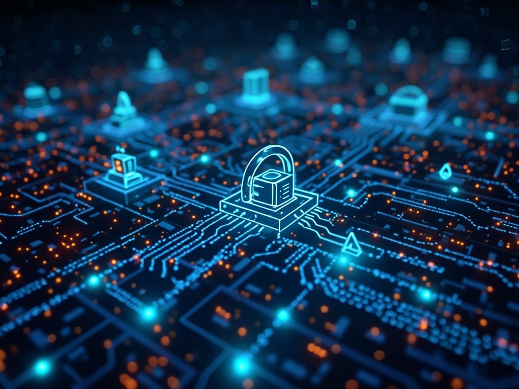 Digital illustration of a glowing network circuit board featuring a prominent padlock icon, symbolizing cybersecurity. The board is lit with blue and orange lights, representing data flow and connectivity.