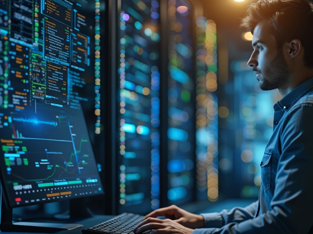 A person sits at a desk, focused on a computer screen displaying data and graphs. They are surrounded by glowing servers and data panels, creating a high-tech environment. The lighting is cool and dim, highlighting the screens.