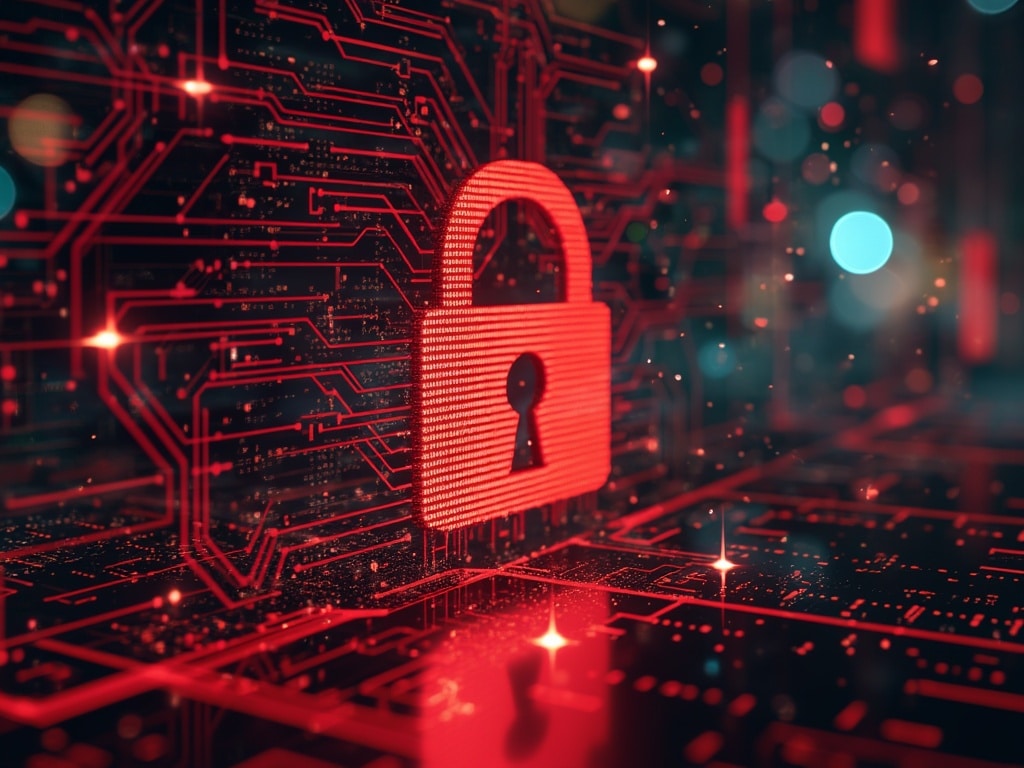 A glowing red padlock icon is centered in a digital, circuit-like background, symbolizing cybersecurity. The background features abstract lines and dots, representing data connections, with a bokeh effect of red and blue lights.