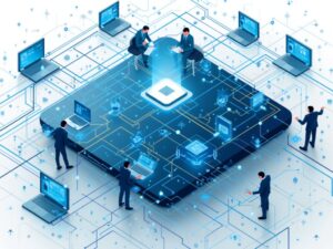 Futuristic illustration of a giant circuit board with people in business attire working on and around it, surrounded by laptops. The design symbolizes global connectivity and technology integration.