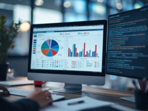 A person works at a desk with a computer displaying colorful data charts and graphs. A secondary monitor shows lines of code. The workspace is well-lit, with blurred office decor in the background, creating a professional tech environment.