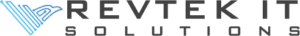 The logo of RevTek IT Solutions features a stylized V design in blue, resembling a sleek template kit, next to the company name in bold, gray lettering.
