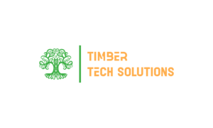 Logo of Timber Tech Solutions featuring a stylized tree in green on the left. The text, referencing a website design concept, is in orange over two lines, divided by a vertical green line against a sleek black homepage template background.
