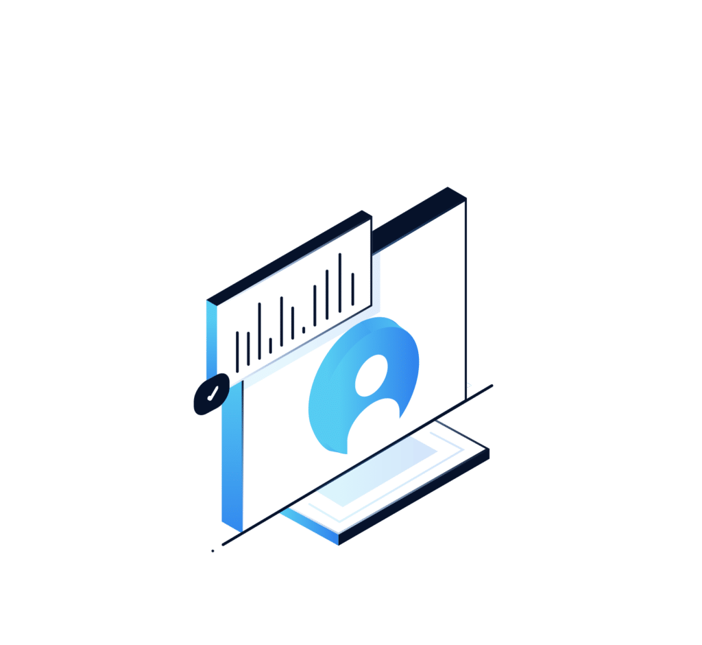 Isometric illustration of a computer monitor displaying a user profile icon and a bar chart, symbolizing data analysis or user analytics, echoing the precision of a Chicagoland IT Provider, with a sleek blue and white color scheme.