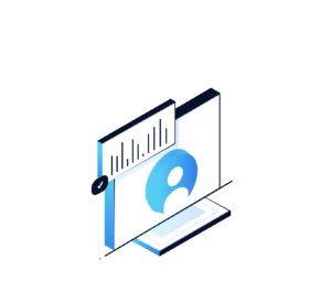 Isometric illustration of a computer monitor displaying a user profile icon and a bar chart, symbolizing data analysis or user analytics, echoing the precision of a Chicagoland IT Provider, with a sleek blue and white color scheme.