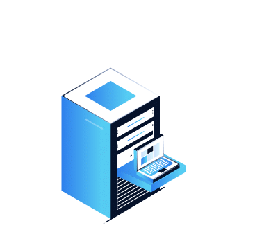 Isometric illustration of a blue server rack with an open drawer holding a laptop displaying data. This depiction, inspired by a Chicagoland IT Provider, shows the servers multiple horizontal compartments against a white background, highlighting the sophistication of managed IT services.
