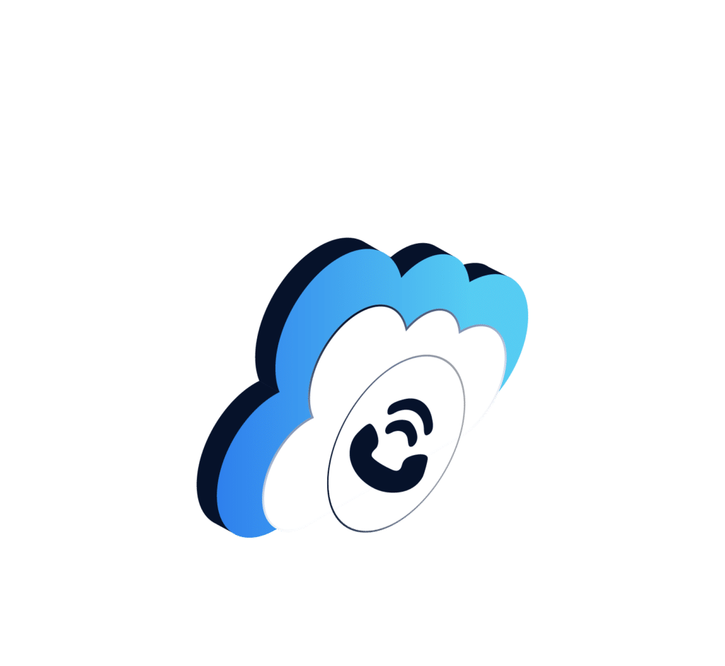 A blue and white cloud icon with a phone receiver and sound waves symbol in its center, representing cloud-based communication or VoIP services, on a white background.