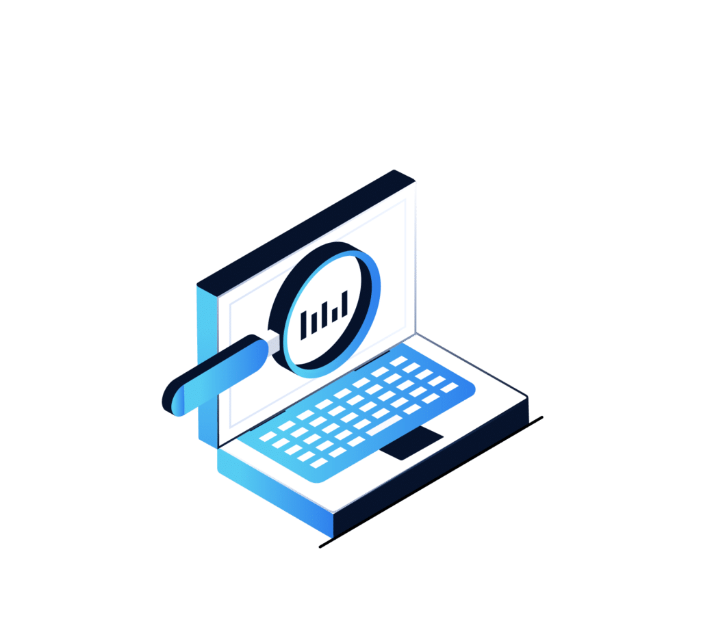 Isometric illustration of an open laptop with a magnifying glass hovering over the screen, showcasing a bar graph. The color palette of blue and white exudes a modern feel, fitting for Chicagoland IT Provider offering cutting-edge managed IT services.