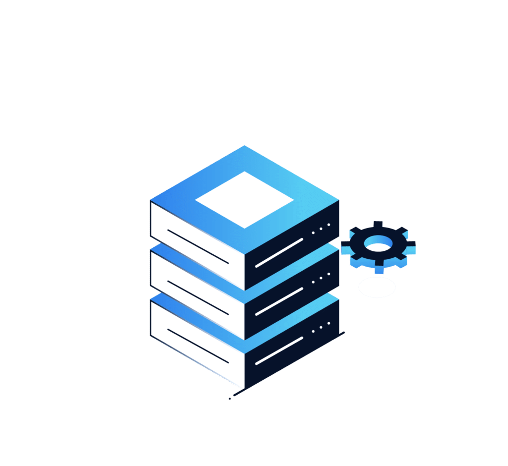 Isometric illustration of three stacked server units with a blue gear icon beside them, representing server management or IT infrastructure.