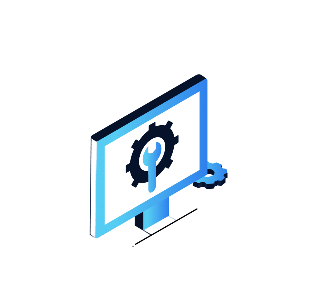 Isometric illustration of a computer monitor displaying a wrench inside a gear, symbolizing managed IT services or system setup. A blue gear is partially visible behind the monitor, reinforcing the theme of configuration or maintenance provided by a Chicagoland IT provider.