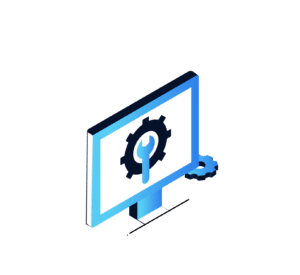 Isometric illustration of a computer monitor displaying a wrench inside a gear, symbolizing managed IT services or system setup. A blue gear is partially visible behind the monitor, reinforcing the theme of configuration or maintenance provided by a Chicagoland IT provider.