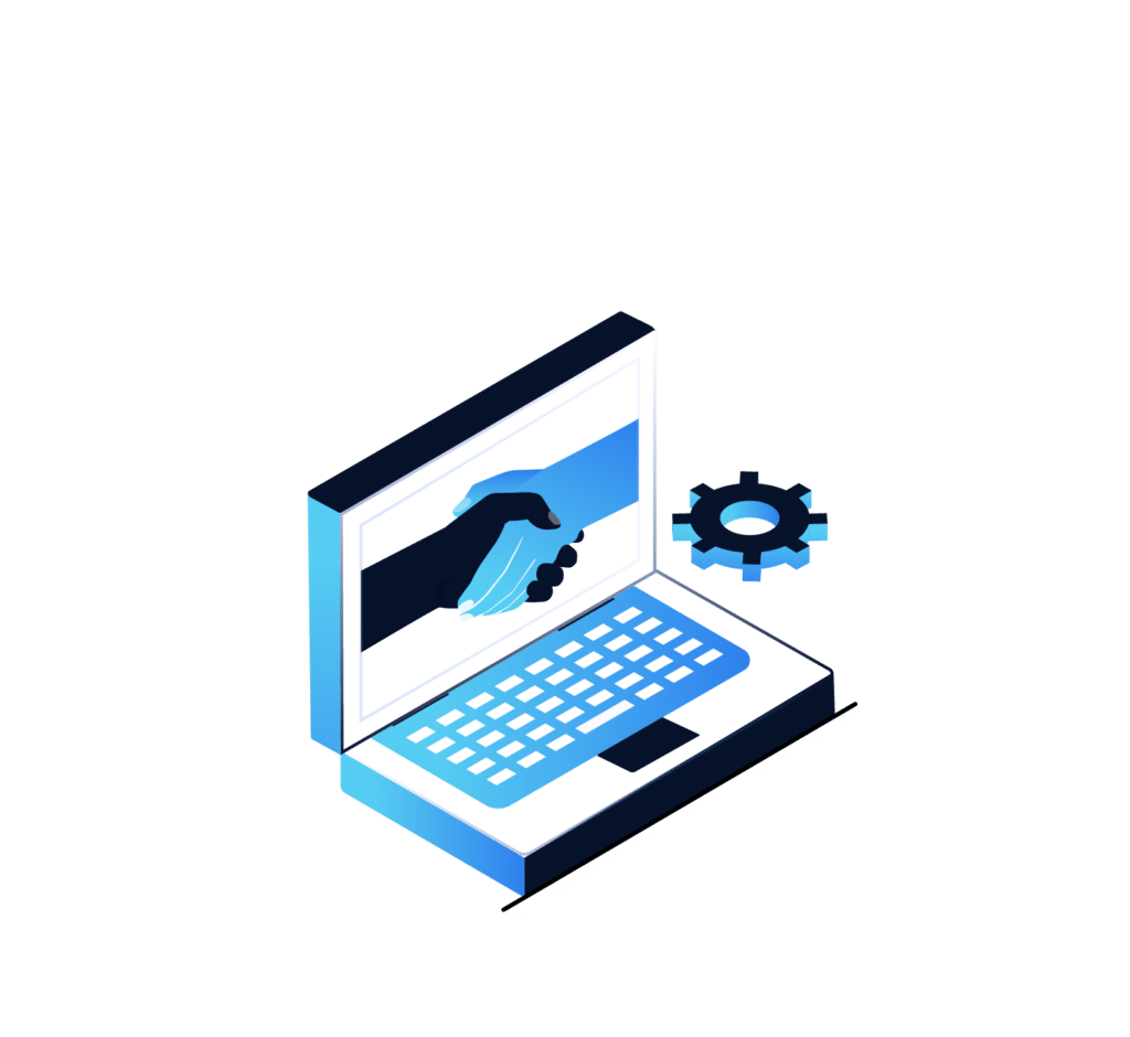 Isometric illustration of a laptop featuring two stylized hands shaking on the screen, symbolizing digital collaboration. A gear icon beside the laptop highlights technologys role, emblematic of a Chicagoland IT Provider offering managed IT services to enhance business efficiency.