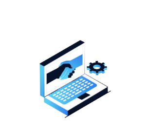 Isometric illustration of a laptop featuring two stylized hands shaking on the screen, symbolizing digital collaboration. A gear icon beside the laptop highlights technologys role, emblematic of a Chicagoland IT Provider offering managed IT services to enhance business efficiency.