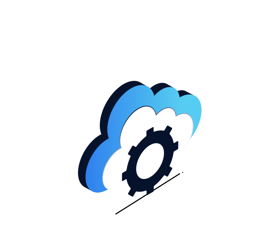 A 3D illustration of a cloud with a gear icon inside it, symbolizing managed IT services or cloud computing by Chicagoland IT Provider. The cloud is shaded in light and dark blue tones, and the gear is black.