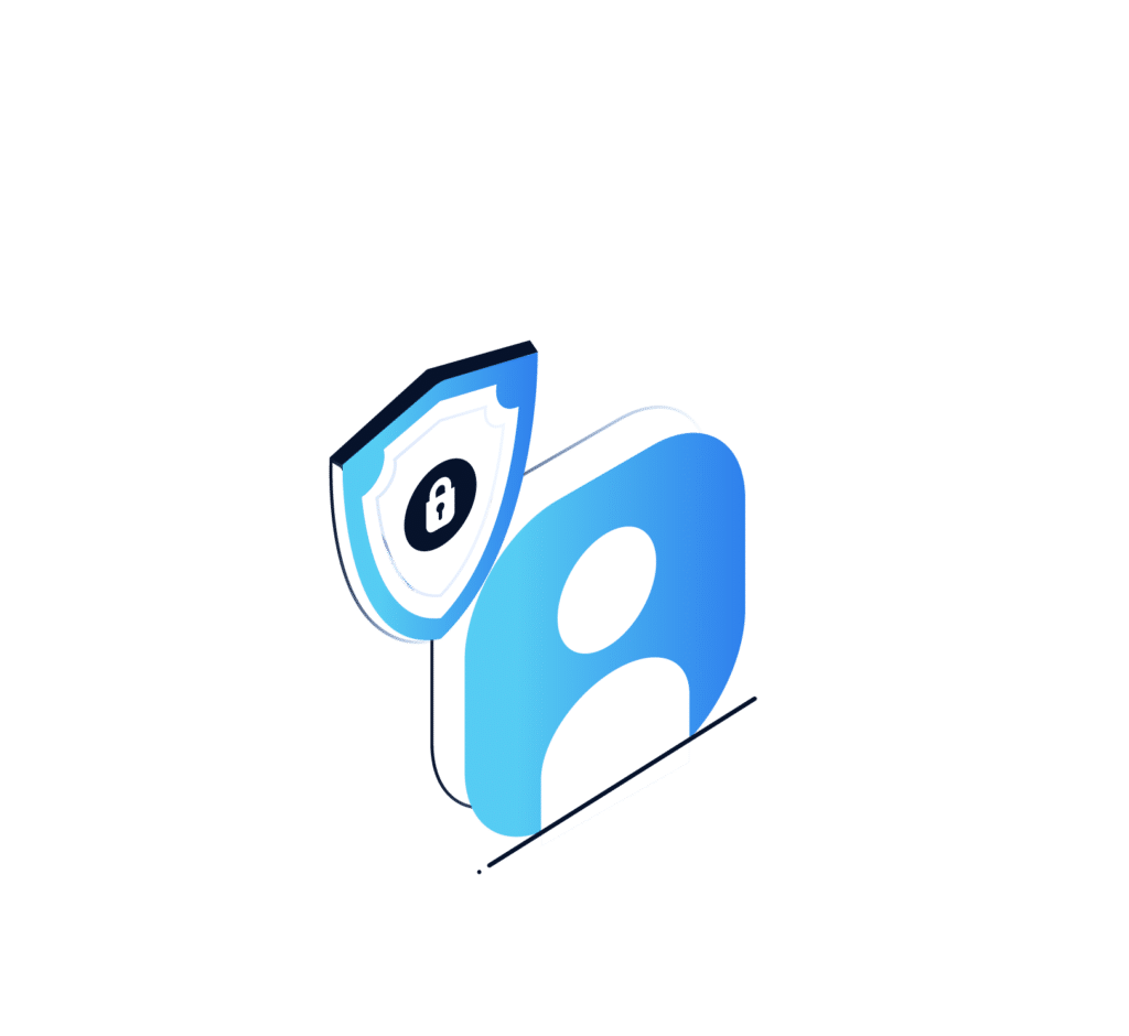 A blue user profile icon with a shield featuring a padlock, representing managed cybersecurity and privacy protection for personal information.