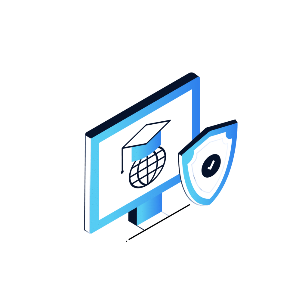 An illustration of a computer monitor displaying a graduation cap over a globe, with a shield featuring a checkmark in front, symbolizing secure online education.