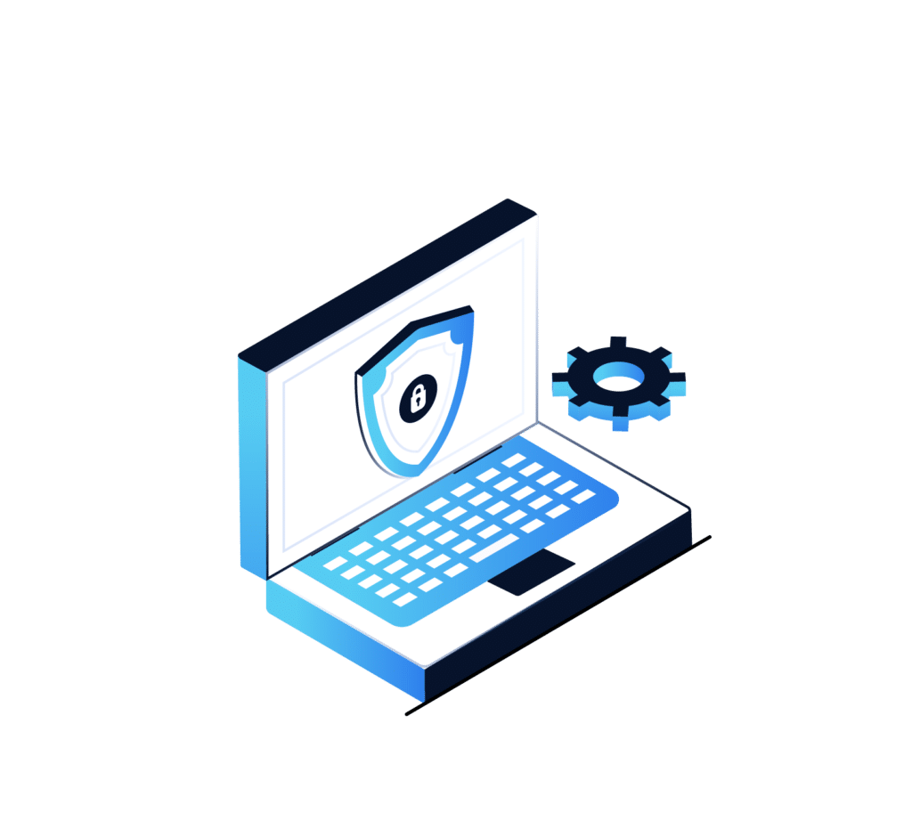 An illustration of a laptop displaying a shield with a padlock symbol on its screen, representing cybersecurity. A gear icon is shown next to the laptop, symbolizing settings or system configuration.