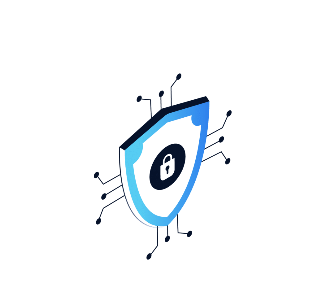 An illustration of a shield with a padlock symbol in the center. Small lines with dots extend from the shield, representing digital connections and cybersecurity protection.