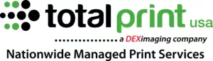 Logo for Total Print USA, a DEX Imaging company, with the tagline Nationwide Managed Print Services in bold text. The words “print” and “usa” are in green; other text is in black.
