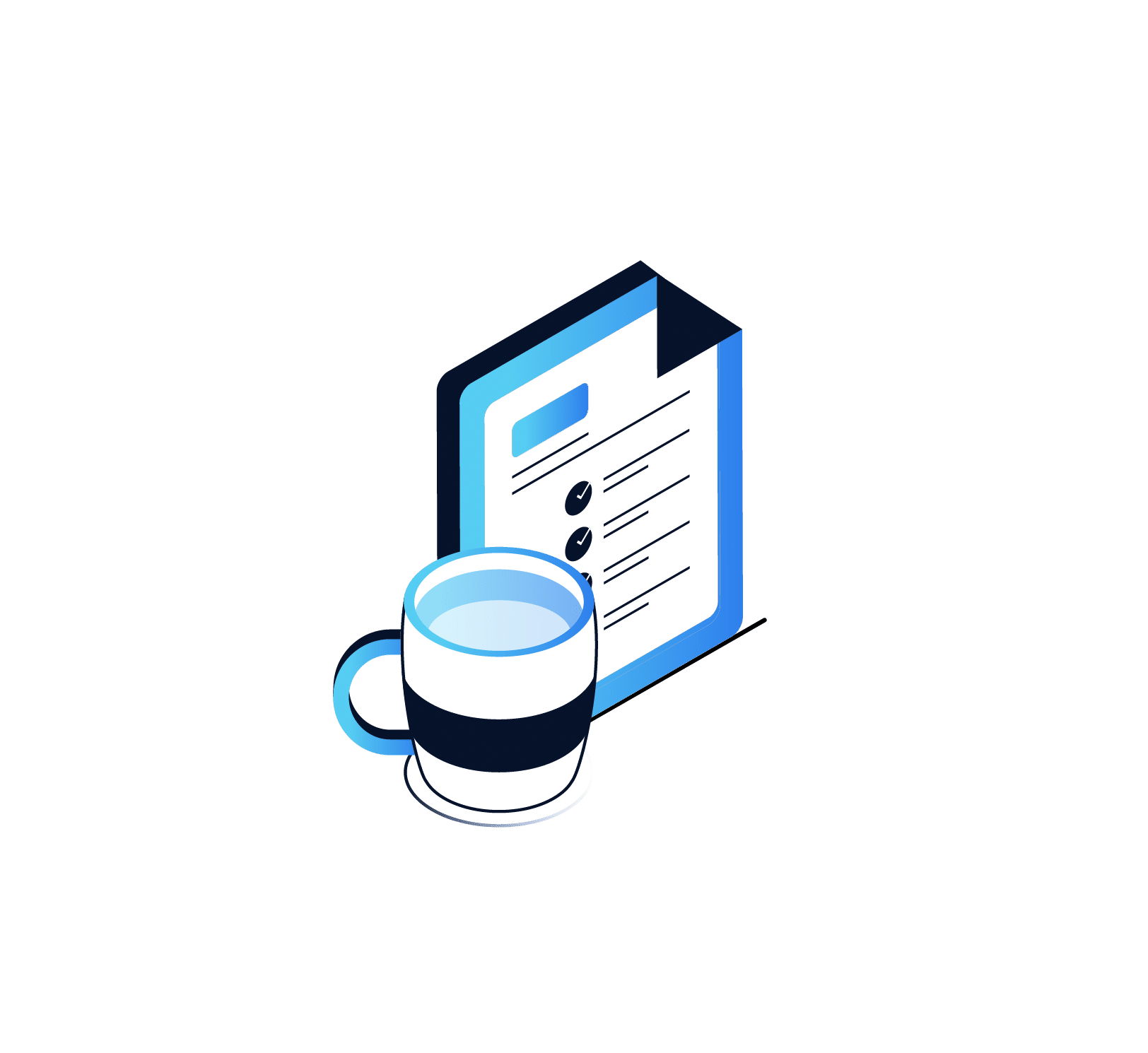 Illustration of a coffee cup with a dark stripe next to an upright document featuring checkboxes and text, symbolizing organized on-site IT support on a white background.