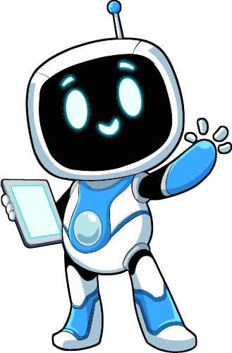 A cute cartoon robot with a smiling face, holding a tablet and waving, is ready to deliver on-site IT support. The robot features a black screen face with glowing blue expressions and blue-and-white body parts.