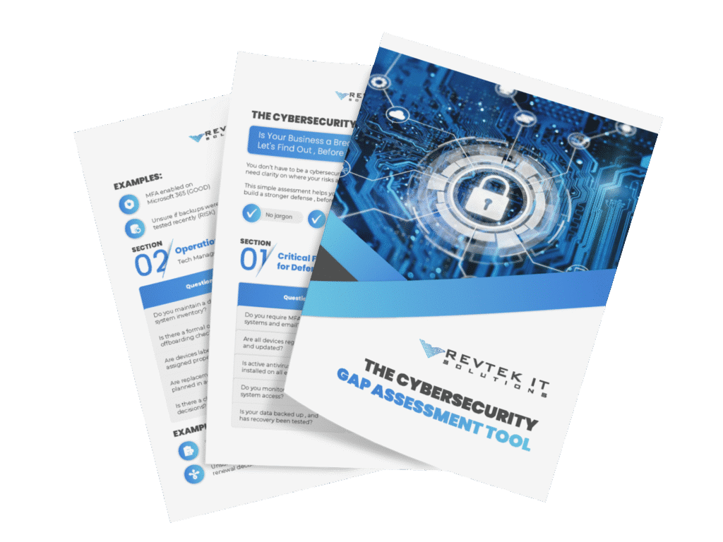 Three pages of a cybersecurity assessment tool by Revtek IT Solutions are shown. The cover page features a blue digital circuit and lock graphic, while the inside pages outline End User Security solutions with sections, examples, and bullet points.