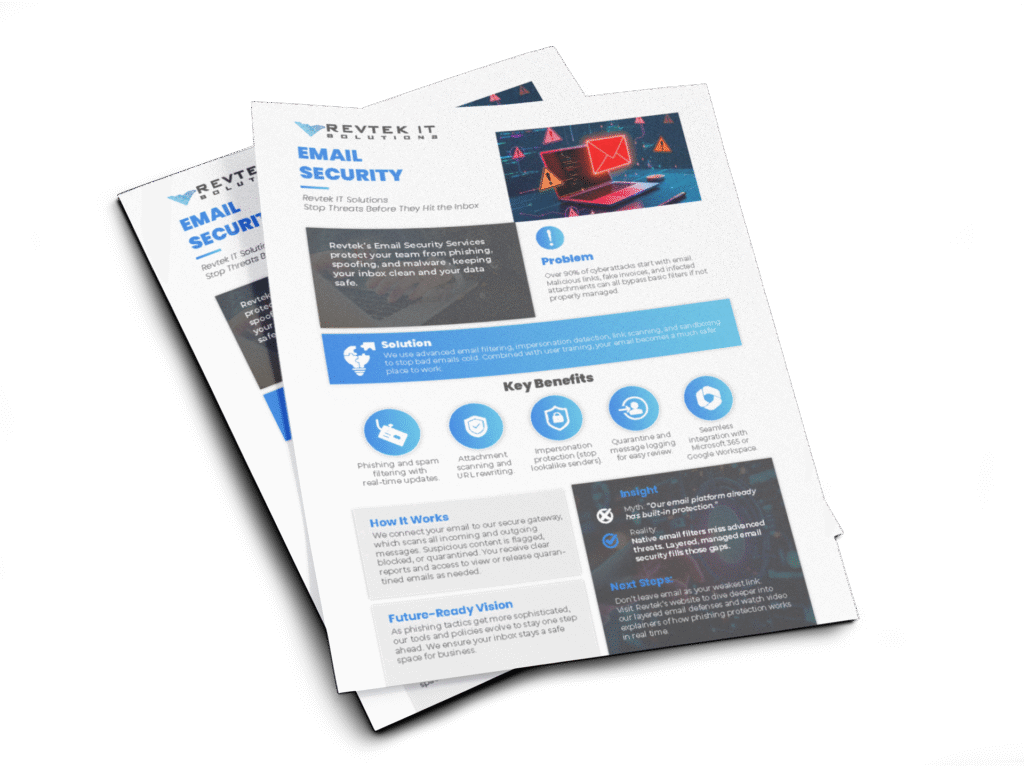 Two printed flyers titled Email Security from Revtek IT Solutions, featuring graphics, headings, and sections on problems, solutions, key benefits, and steps to improve email protection with expert email security services.