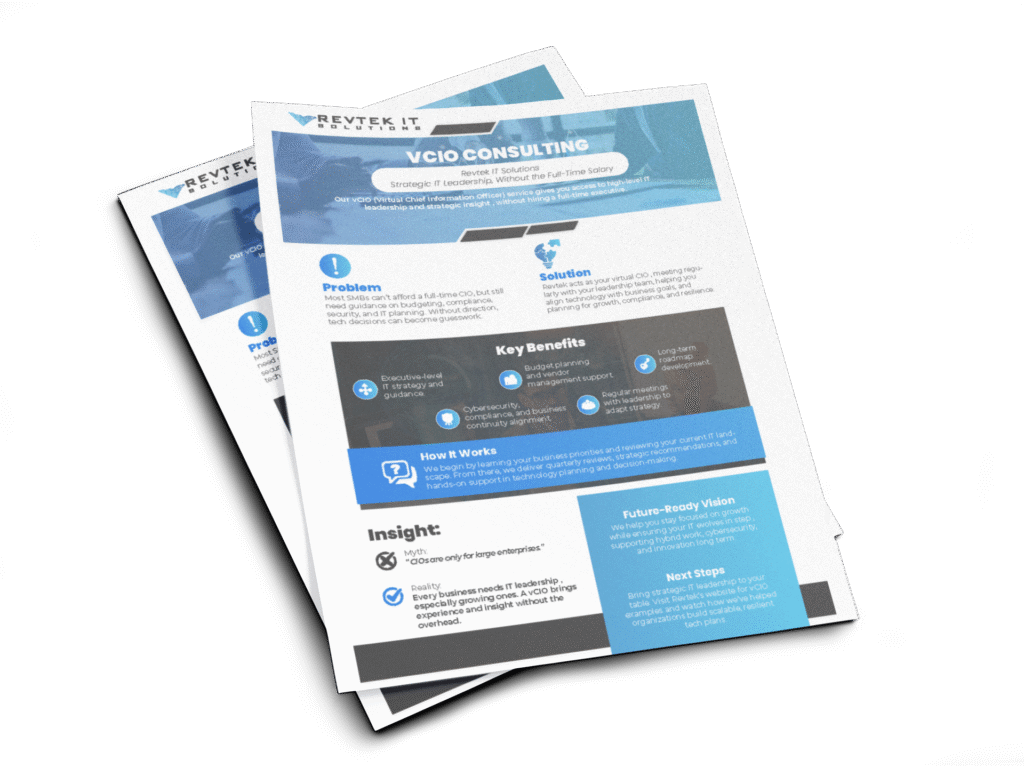 Two overlapping informational flyers for Revtek ITs VCIO Consulting services, highlighting vcio solutions, key benefits, insights, how it works, and next steps—all in a sleek blue, black, and white color scheme.