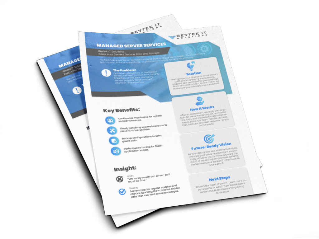 Two stacked brochures titled “Managed Server Services” showcase managed server solutions, outlining sections on solutions, benefits, insights, and next steps with blue accents and icons on a clean, professional white background.