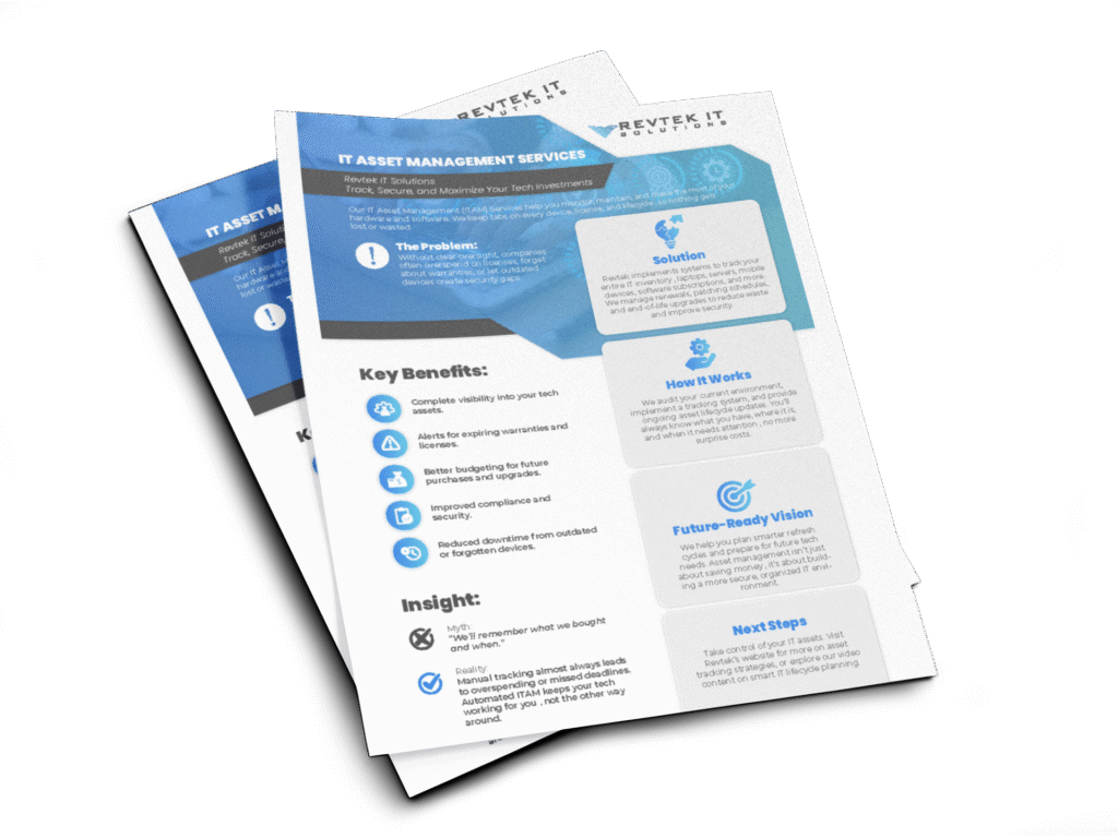 Two overlapping flyers titled IT Asset Management Solutions with sections on problem, solution, key benefits, insight, how it works, future-ready vision, and next steps, featuring blue icons and technology-themed graphics.
