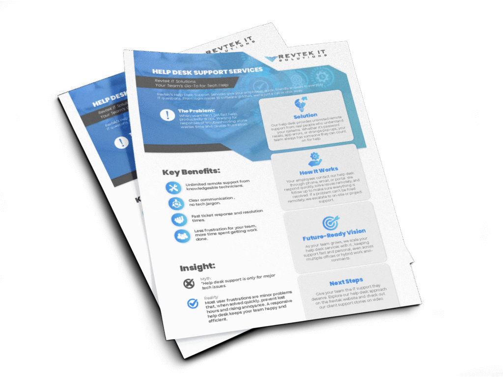 Two stacked help desk support service flyers featuring sections on solutions, benefits, insights, steps, and a future-ready vision highlight the value of help desk support, with blue accents, icons, and informative text on a white background.