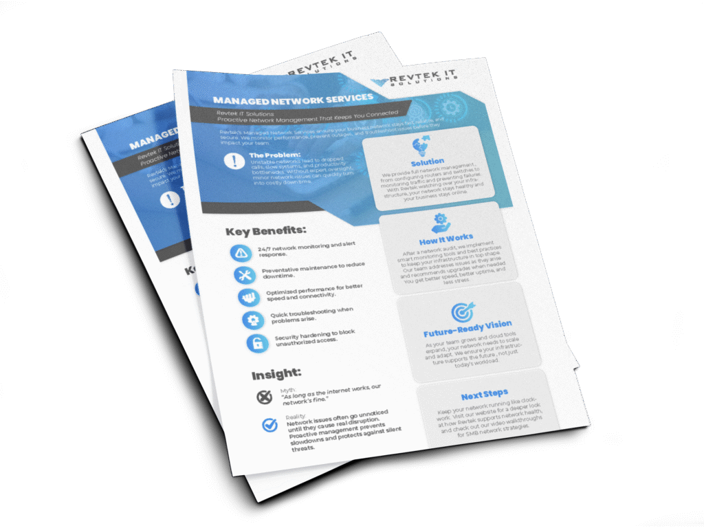 Two overlapping business flyers titled Managed Network Services, featuring blue accents, icons, and sections for key benefits, solutions, insights, and steps—promoting managed network solutions designed to optimize network management for companies.