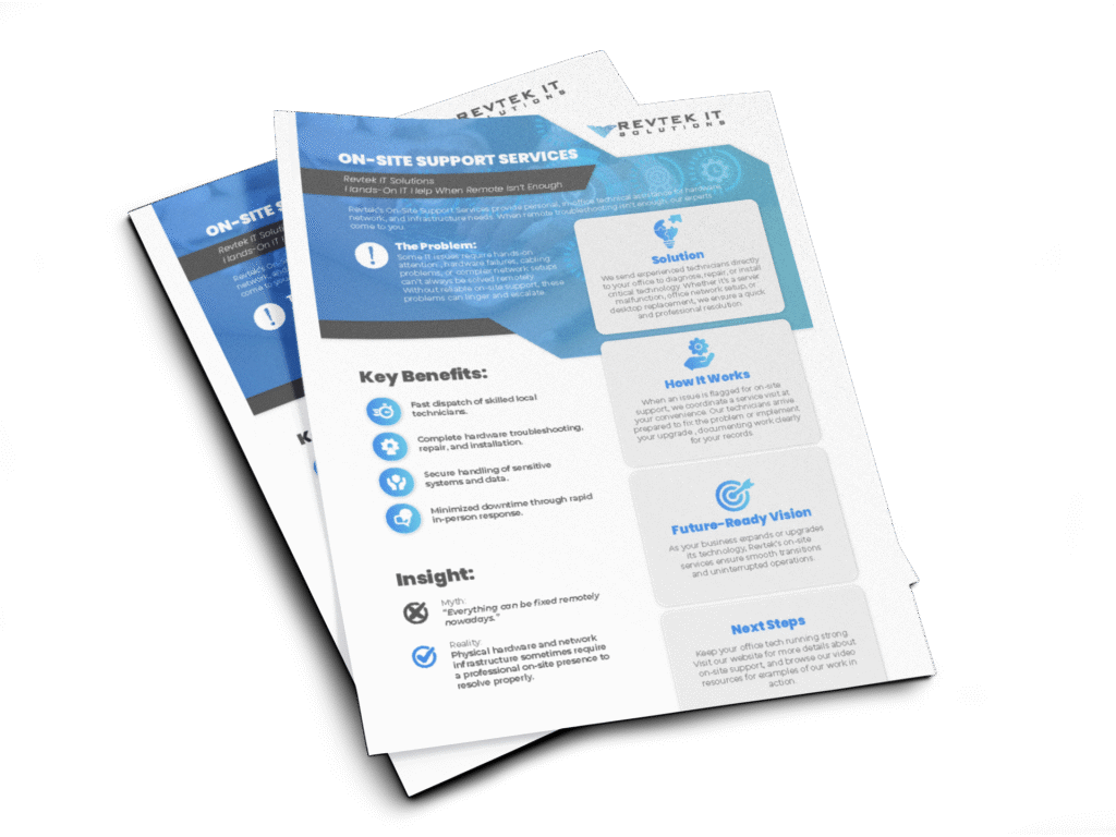 Two stacked flyers showcase On-Site IT Support with sections titled Solution, How It Works, Future-Ready Vision, Key Benefits, and Next Steps in a blue and white color scheme, featuring icons and concise details about on-site IT services.