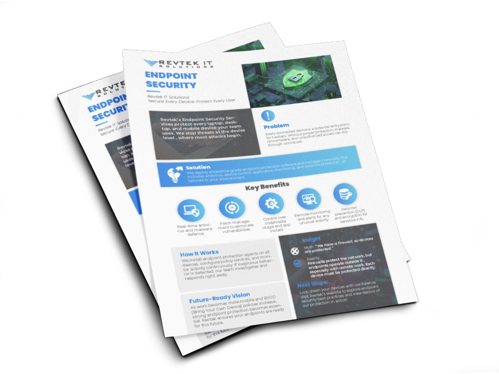 Two stacked Revtek IT Services flyers titled Endpoint Security feature a problem-solution format, icons, benefits, and a green digital lock image, promoting endpoint security solutions and clear next steps for enhanced IT protection.