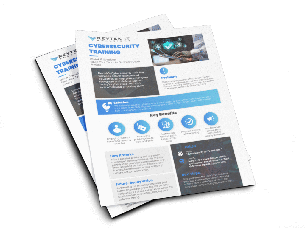 Two stacked flyers titled Cybersecurity Training from Revtek I.T. feature blue accents, icons, and sections outlining problems, cybersecurity training solutions, key benefits, and steps for implementing Cybersecurity Training.