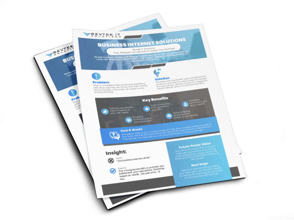 Two stacked brochures showcasing Business Internet Solutions, featuring sections on problems, solutions, key benefits, how it works, insights, and next steps—all in a sleek blue and white color scheme.