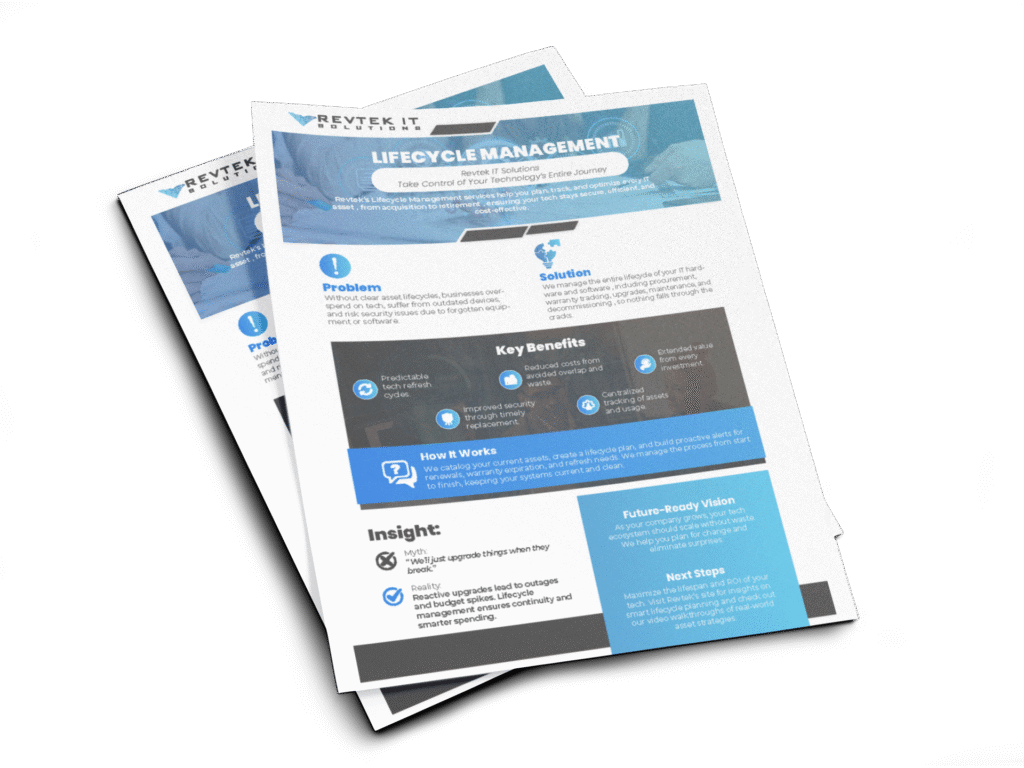 Two stacked flyers for Revtek IT showcase a blue and white design. The top flyer emphasizes Lifecycle Management, detailing challenges, benefits, solutions, strategic steps, and future insights tailored to technology-focused businesses.