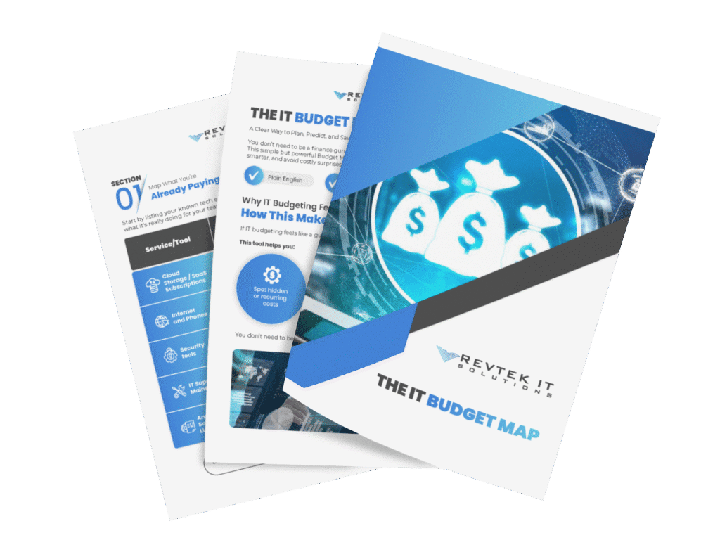 Three overlapping brochure pages for RevTek IT Solutions’ IT Budget Map. The cover features money bags with dollar signs and digital graphics. Inner pages outline it services, icons, and checklists about IT budgeting—ideal for those seeking IT services in Illinois.