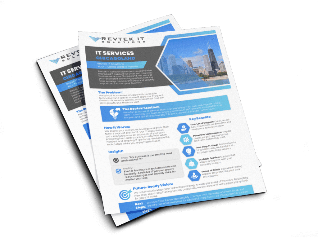 Two informational flyers from Revtek IT Solutions highlight IT services in Illinois, featuring a Chicagoland cityscape photo, icons, and sections about challenges, solutions, features, and future vision in a blue and white design.