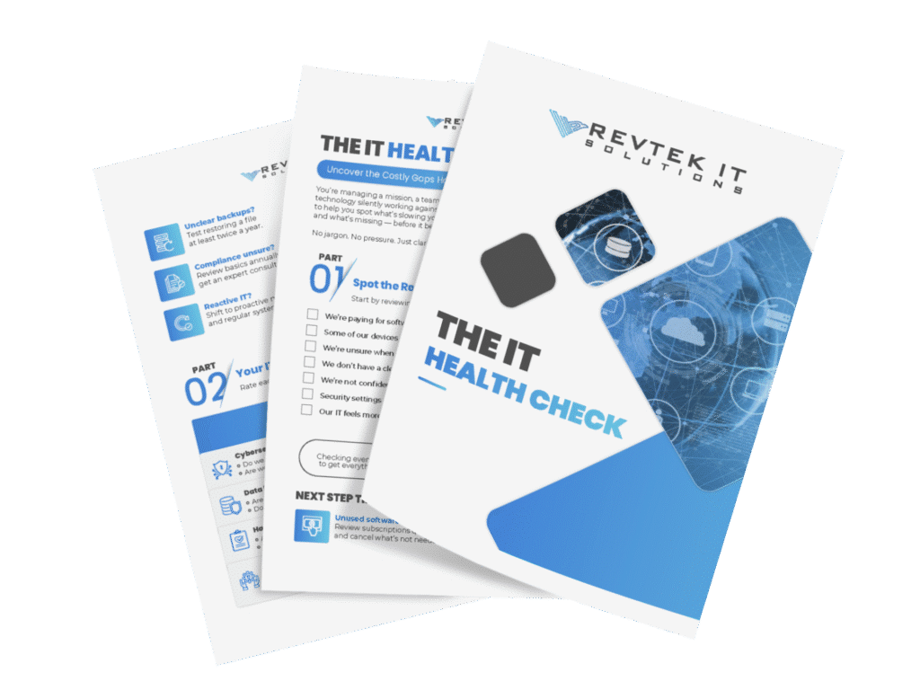 Three pages of an IT health check brochure by Chicagoland IT Provider Revtek IT Solutions, featuring blue and white graphics, a checklist, step-by-step sections, and a cover with tech-themed icons—highlighting managed IT services.
