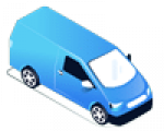 Isometric illustration of a blue delivery van with tinted windows, viewed from above at an angle, on a light background—perfect for apps where users manage mega menu deliveries and logistics.