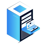 Isometric illustration of a blue server rack with an extended tray holding an open laptop, displaying digital graphs and charts—perfect for a Header or Home Page design, set against a clean white background.