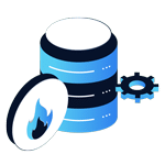 An illustration for a Home Page header featuring a database with two stacked disks, a gear beside it, and a circular disk with a blue flame symbol in the foreground, symbolizing database management or performance.