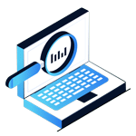 Isometric illustration of a laptop with a magnifying glass over the screen, displaying a bar chart—perfect for a Home Page header to symbolize data analysis or research.