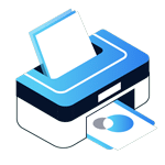Isometric illustration of a blue and white printer featured in a Home Page header, with a sheet of paper being inserted at the top and another sheet with a circular design emerging from the front.