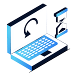 Isometric illustration of an open laptop with a curved arrow on its screen, next to an hourglass, perfect for a Home Page Header representing a software update or waiting process.