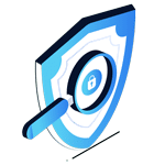 A magnifying glass with a lock symbol in the center is placed over a blue and white shield on the Home Page, representing security and protection concepts.