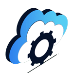 A stylized illustration of a blue and white cloud with a black gear in the center, perfect for a Header or Home Page to symbolize cloud computing or cloud-based settings.